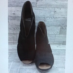 Black Suede Peep-Toe Wedge Mules